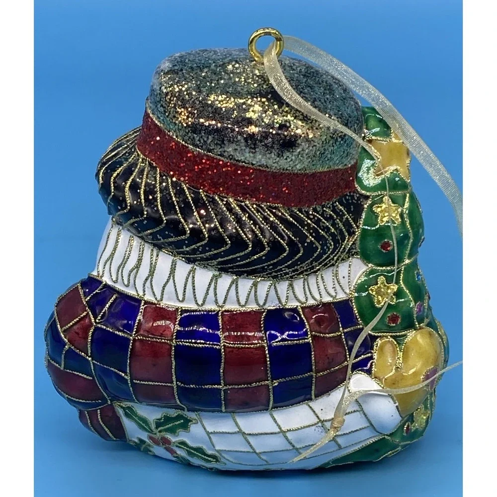 Hand Painted Cloisonne, Bkd Enamel SNOWMAN Ornament W/Xmas Tree/ Hat/Carrot Nose